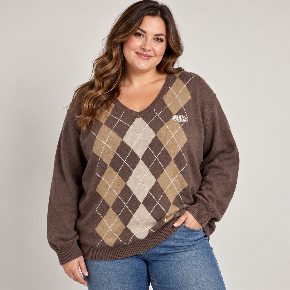 Minga London Argyle Sweater Womens 3XL Brown V-Neck Cotton Oversized Retro Knit